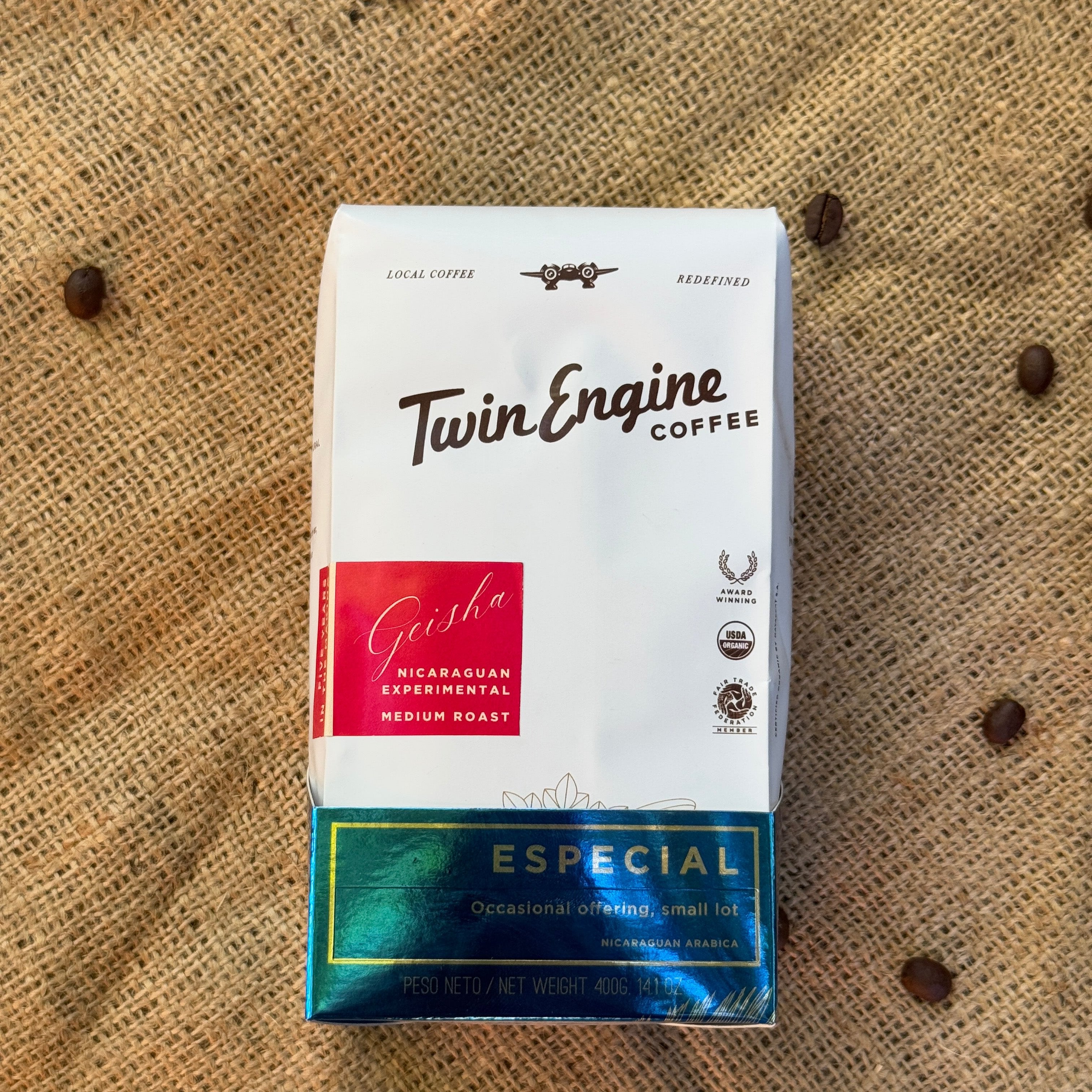 Nicaraguan Geisha Coffee lying on burlap